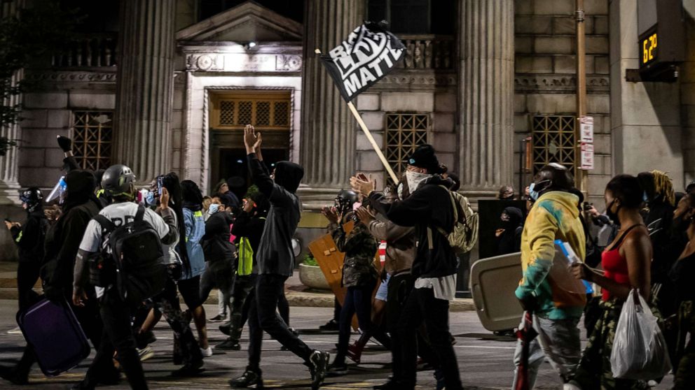 PHOTO: Protesters march in Rochester, New York, Sept. 5, 2020, on the fourth night of protest following the release of video showing the death of Daniel Prude.