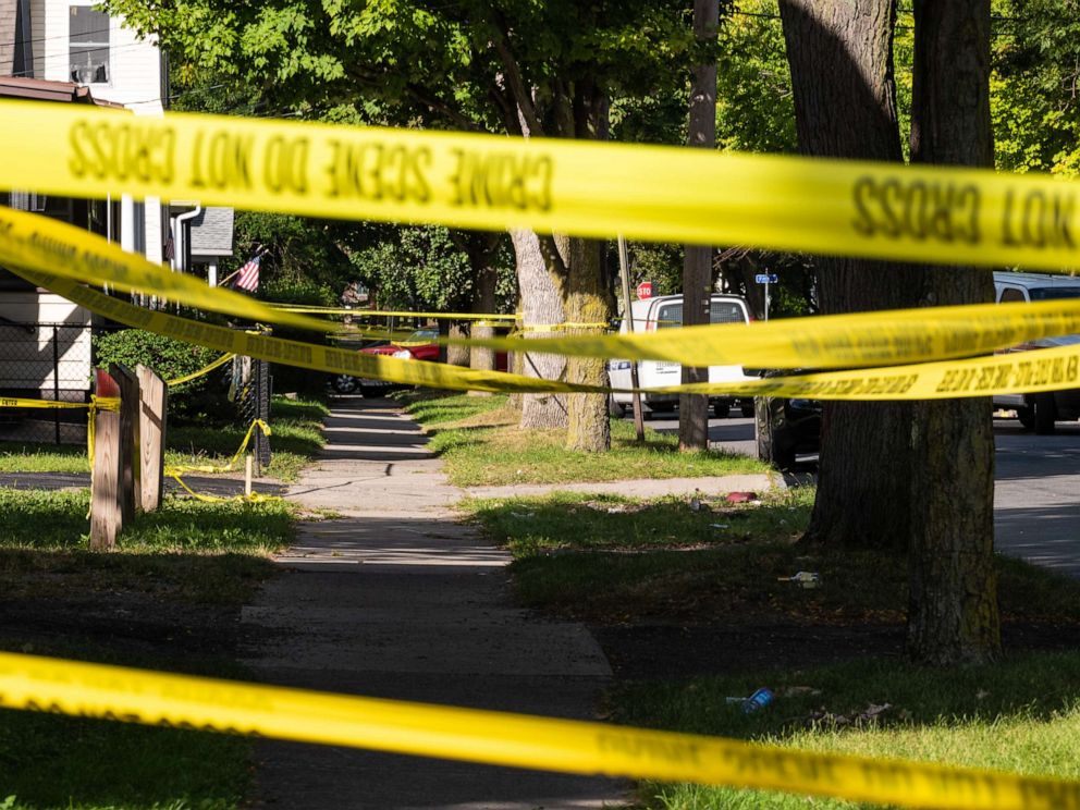 PHOTO: Police tape lines a crime scene after a shooting at a backyard party on Sept. 19, 2020, in Rochester, N.Y. Two young adults -- a man and a woman -- were reportedly killed, and 14 people were injured in the shooting early Saturday morning.