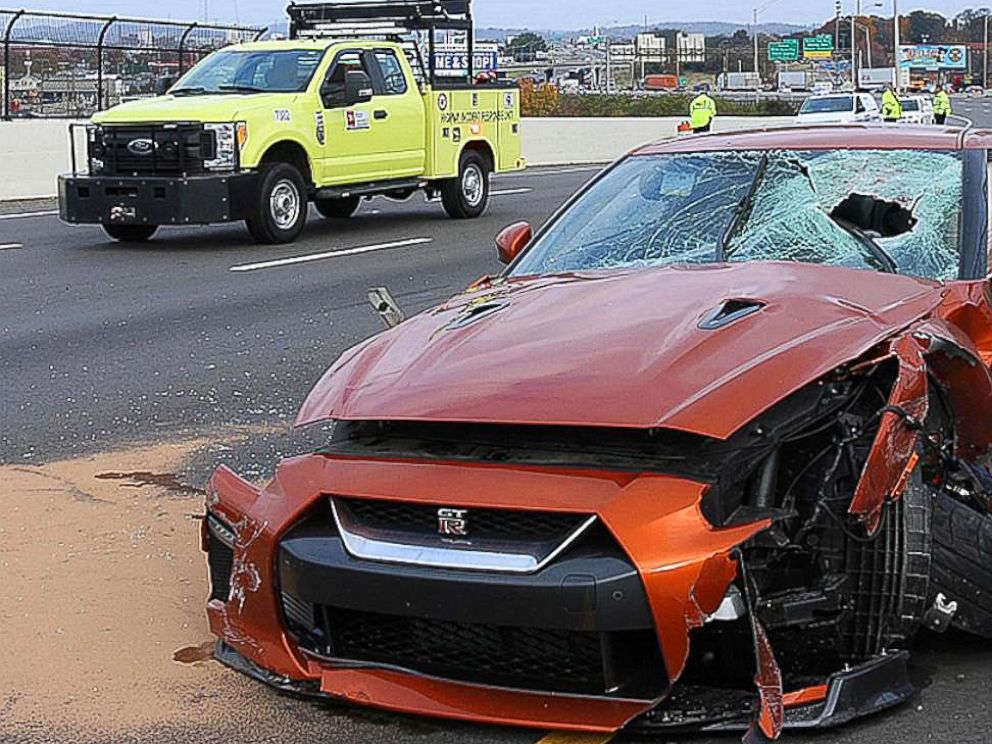 PHOTO: In this photo released by the Nashville Police, a vehicle is seen damaged after a large piece of concrete entered the vehicle on Interstate 24, Tuesday, Nov. 20, 2018, in Nashville, Tenn.