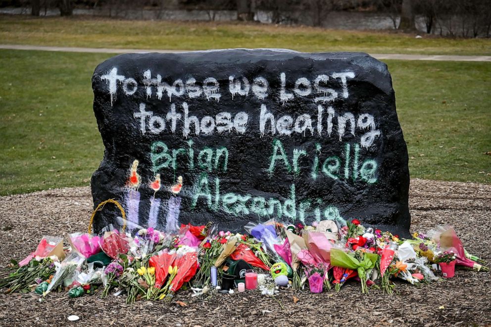 PHOTO: The Rock at Michigan State was repainted with the message, "To those we lost, to those healing, Brian, Arielle, Alexandria," on the morning of Feb. 15, 2023, on the MSU campus in East Lansing, Mich.