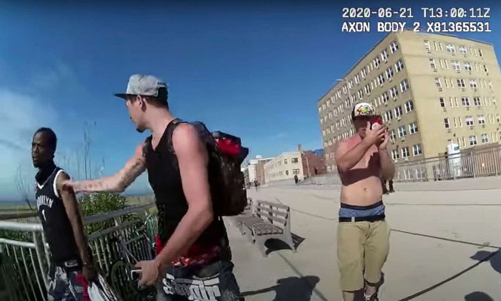 PHOTO: An image from a police body cam video shows three men during an encounter with New York Police officers on a boardwalk in the Rockaways, June 21, 2020, in New York. 