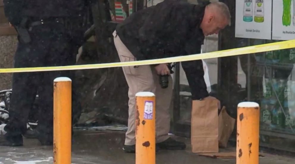 PHOTO: Police inspect a mangled stroller after a child was hit by a driver authorities say intentionally drove into a family standing outside a 7-Eleven in Rockland County, N.Y., on Wednesday, Feb. 20, 2019.