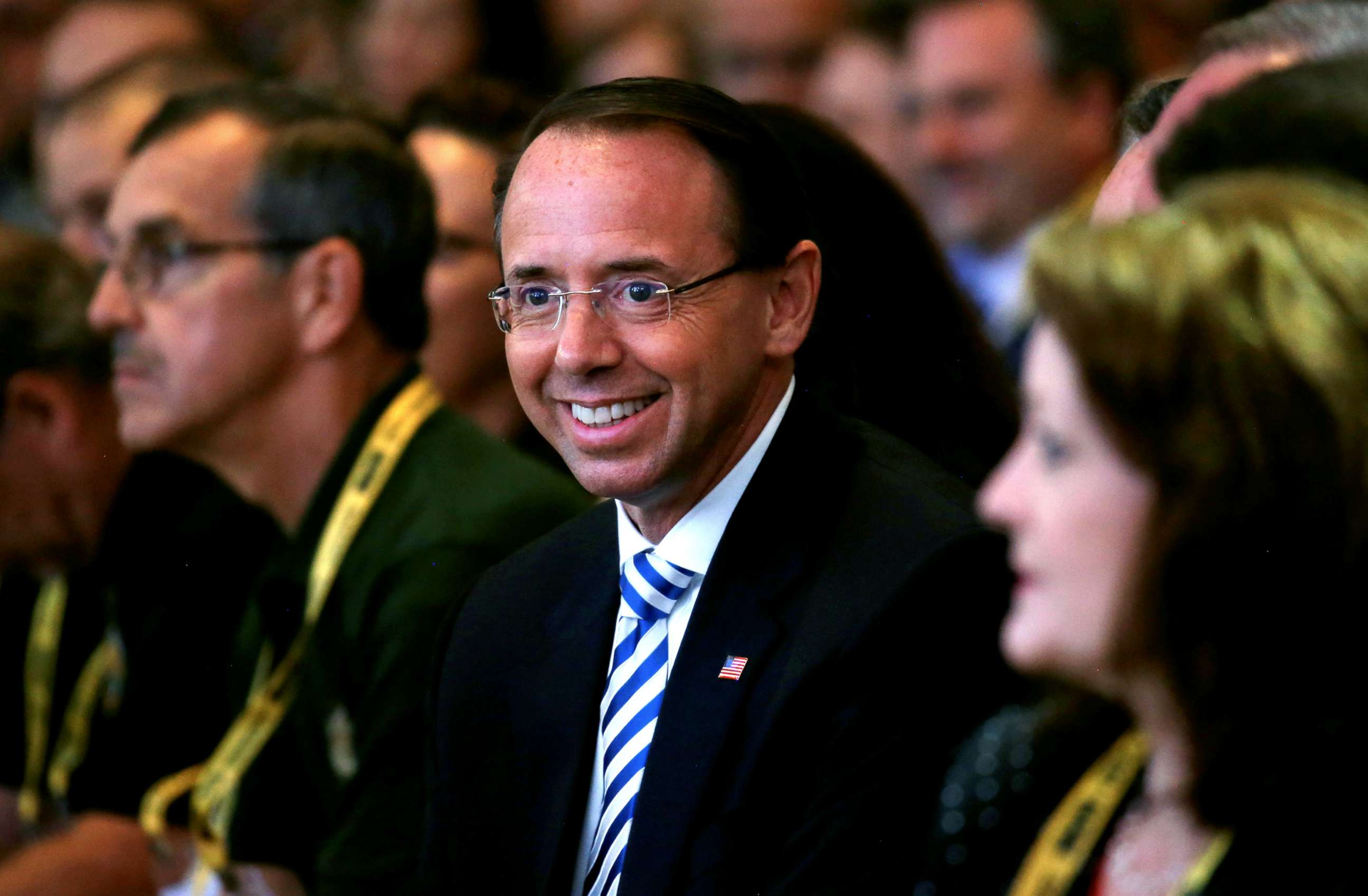 PHOTO: Deputy Attorney General Rod Rosenstein waits in the audience to listen to President Donald Trump speak at the International Association of Chiefs of Police Annual Convention in Orlando, Fla., Oct. 8, 2018.