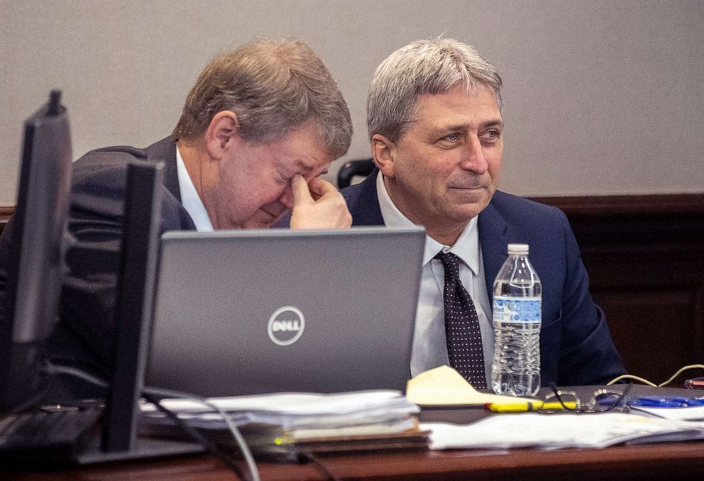 PHOTO: William "Roddie" Bryan, right, listens to proceedings during a motion hearing at the Glynn County Courthouse, Nov. 4, 2021, in Brunswick, Ga.