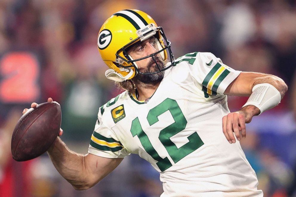 PHOTO: Quarterback Aaron Rodgers #12 of the Green Bay Packers throws the football at State Farm Stadium on Oct. 28, 2021 in Glendale, Ariz.  