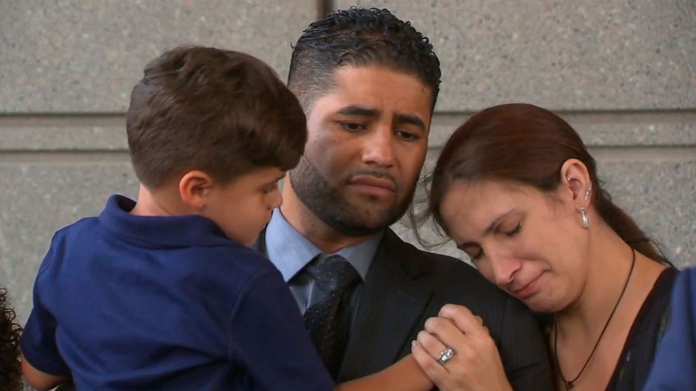 PHOTO: Juan Rodriguez, his wife, and 4-year-old son stand outside the Bronx Hall of Justice on August 1, 2019, after prosecutors said they will not pursue a grand jury indictment at this time in the hot car deaths of his 1-year-old twins. 