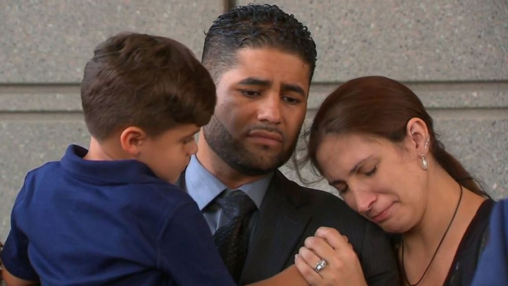 PHOTO: Juan Rodriguez, his wife, and 4-year-old son stand outside the Bronx Hall of Justice on August 1, 2019, after prosecutors said they will not pursue a grand jury indictment at this time in the hot car deaths of his 1-year-old twins. 