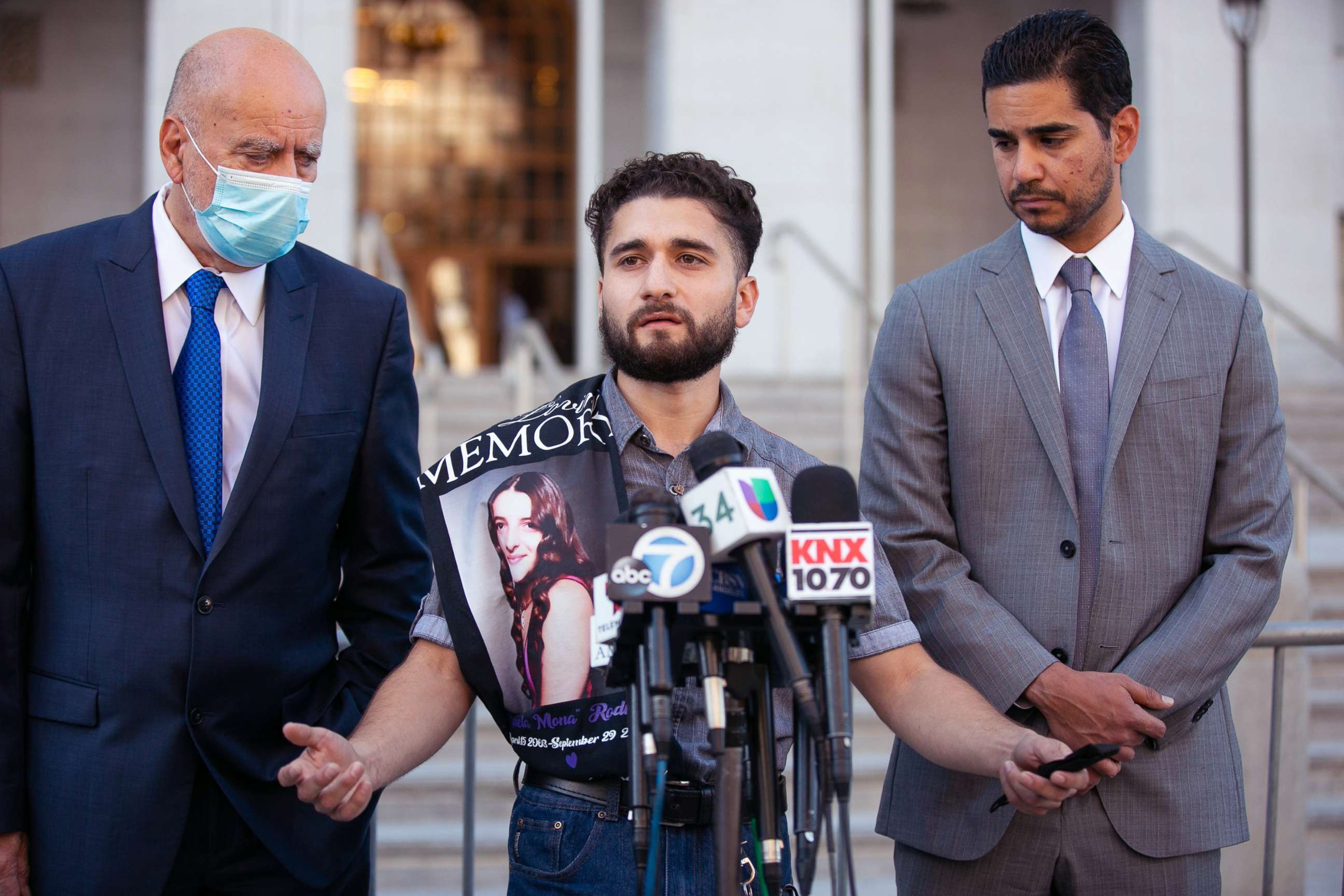 PHOTO: Oscar Rodriguez, the brother of 18-year-old Mona Rodriguez, who was shot by a Long Beach Unified School District safety officer, joined the family's attorneys, speaks to the press, Oct. 27, 2021 in Los Angeles.