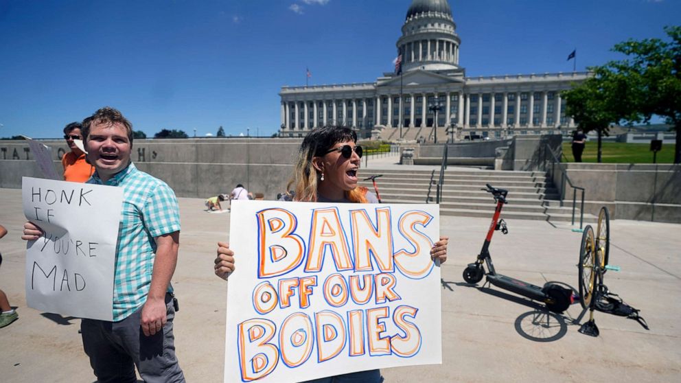 PHOTO: Maria Rago protests for abortion-rights at the Utah State Capitol, June 24, 2022, in Salt Lake City.