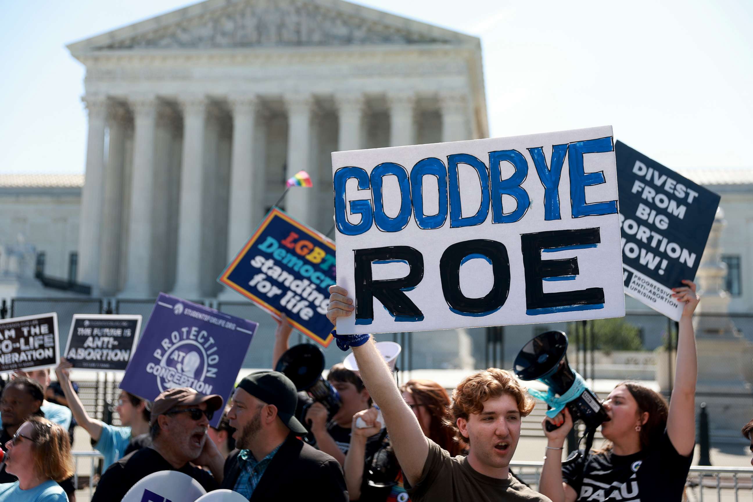 PHOTO: Anti-abortion protesters demonstrate in front of the Supreme Court Building, June 15, 2022, in Washington, D.C. 
