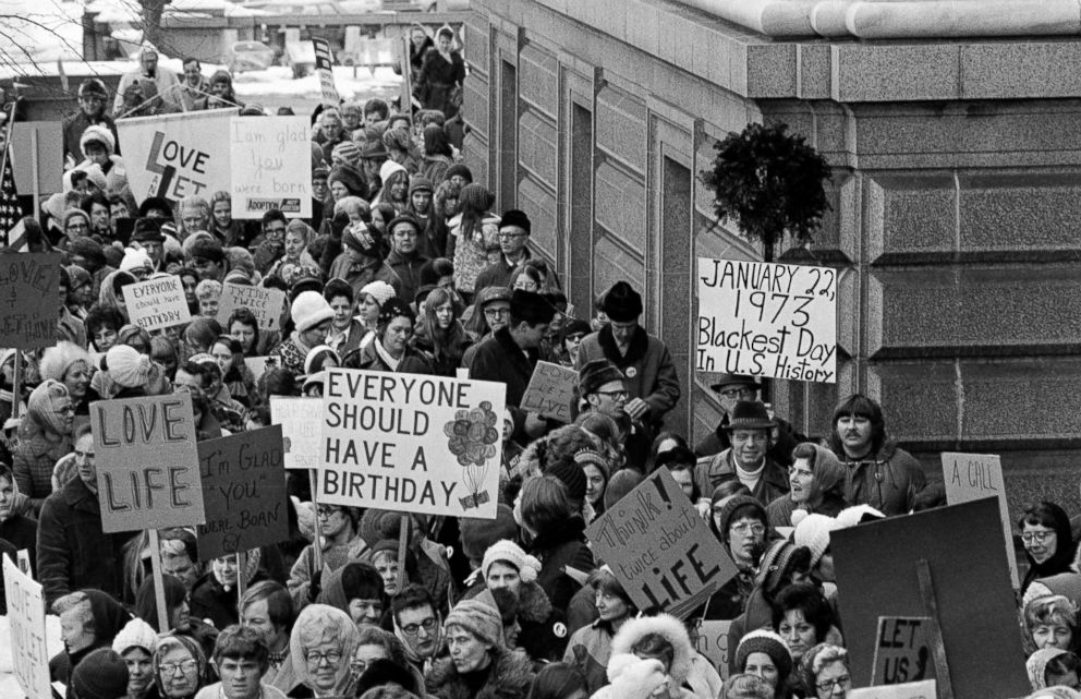 PHOTO: An estimated 5,000 people, women and men, march around the Minnesota Capitol building protesting the U.S. Supreme Court's Roe v. Wade decision, ruling against state laws that criminalize abortion, in St. Paul, Minn., Jan. 22, 1973.