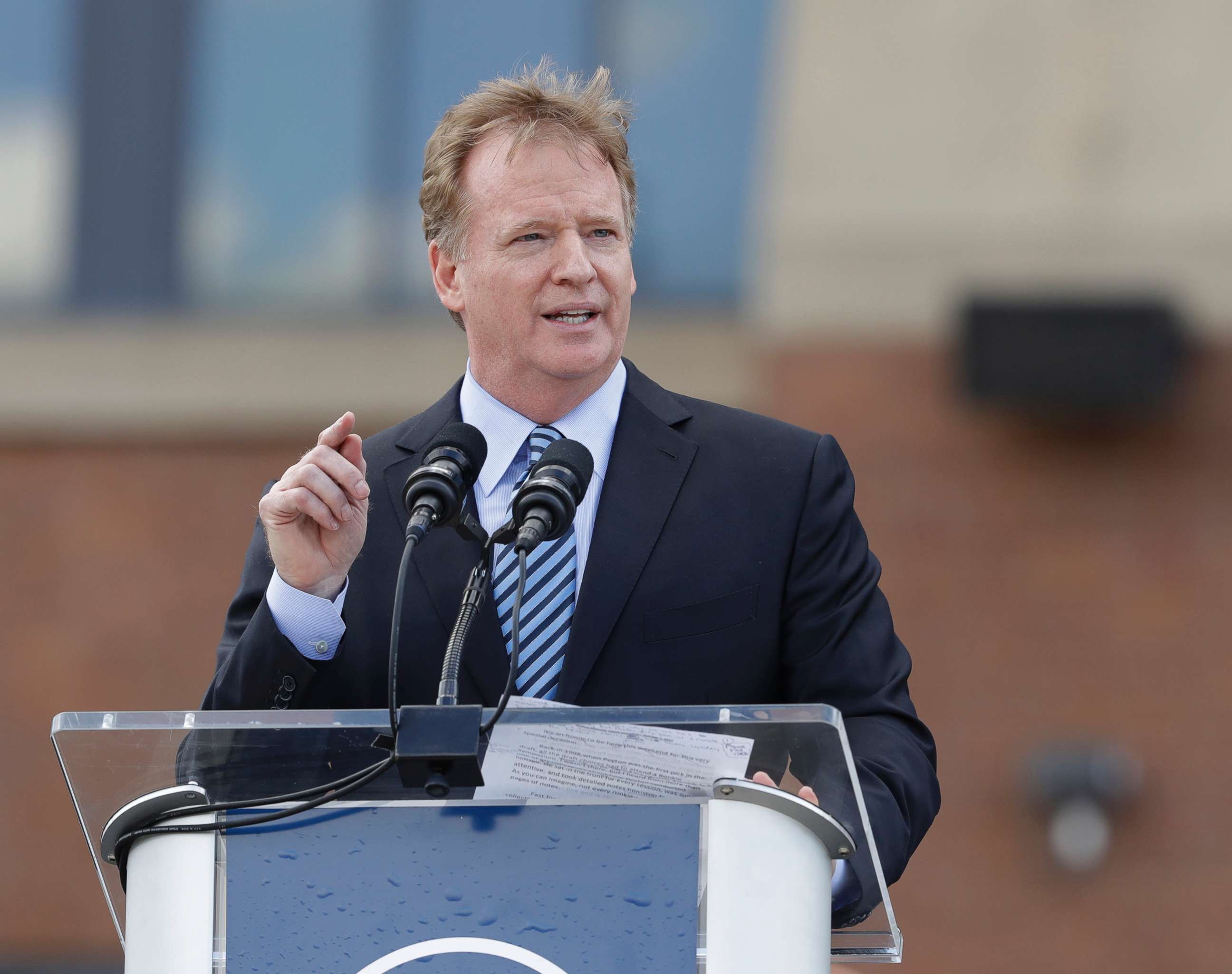 PHOTO: NFL Commissioner Roger Goodell speaks during the unveiling of a Peyton Manning statue outside of Lucas Oil Stadium, Oct. 7, 2017, in Indianapolis. 