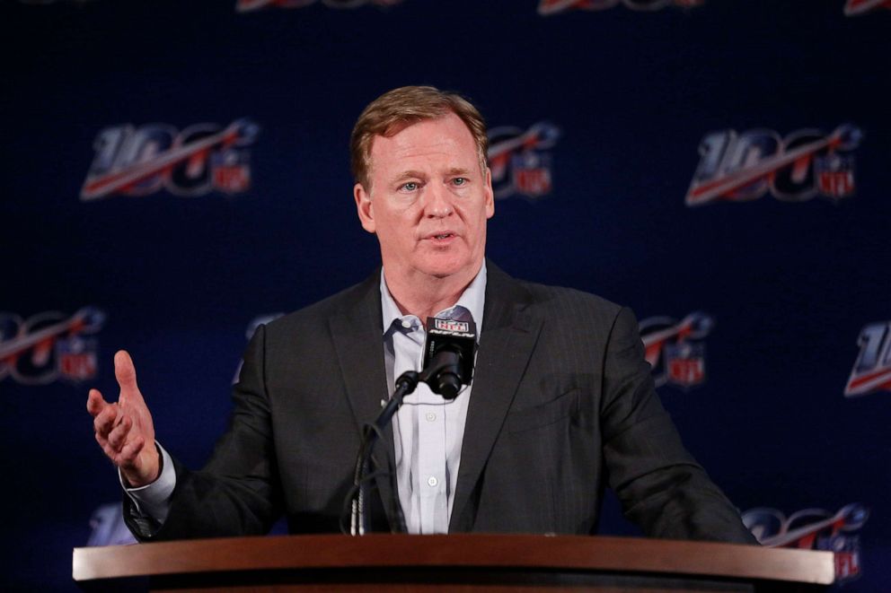 PHOTO: NFL Commissioner Roger Goodell speaks to the media during the NFL football owners meeting on Wednesday, May 22, 2019, in Key Biscayne, Fla.