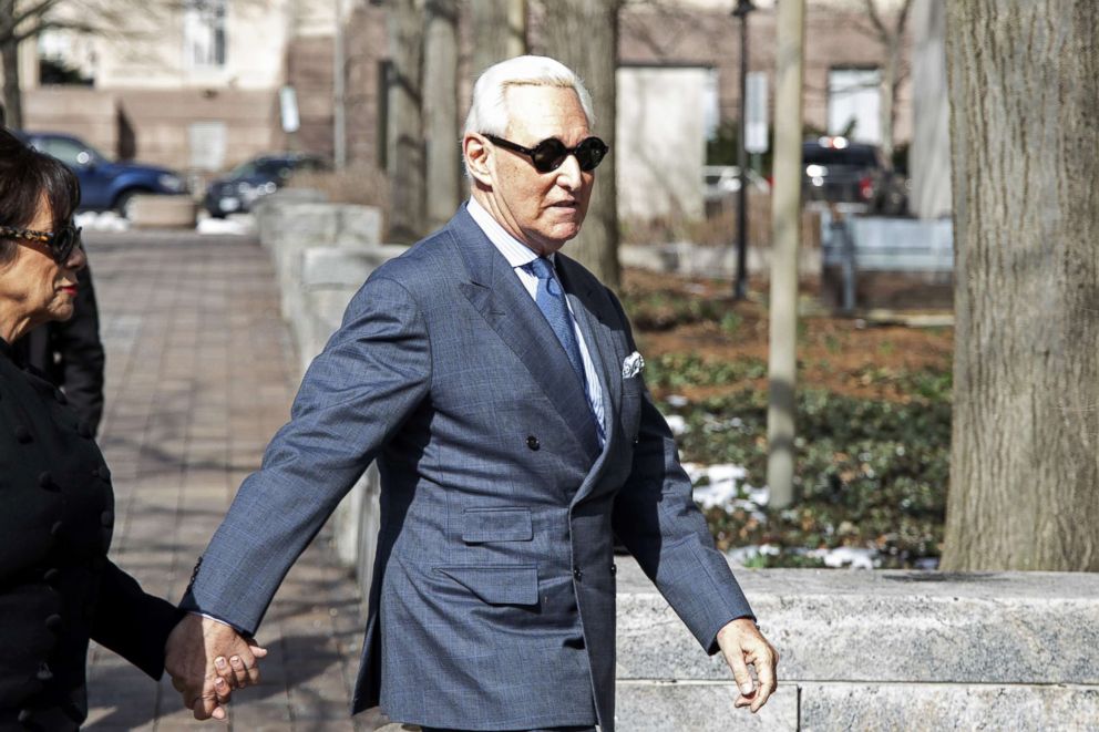 PHOTO: Roger Stone, former adviser and long time associate of President Trump, arrives at the E. Barrett Prettyman U.S. Courthouse, Feb. 21, 2019, in Washington, DC.