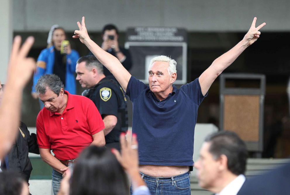 PHOTO: Roger Stone, a former adviser to President Donald Trump, exits the Federal Courthouse on Jan. 25, 2019 in Fort Lauderdale, Fla.