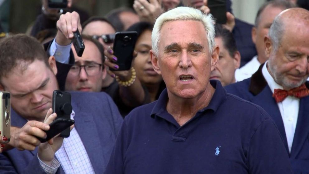 PHOTO: Roger Stone speaks outside the U.S. Federal Building and Courthouse in Fort Lauderdale, Fla., Jan. 25, 2019.