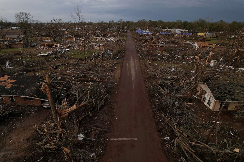 PHOTO: An aerial view of wreckage in the town of Rolling Fork after thunderstorms spawning high straight-line winds and tornadoes ripped across the state in Rolling Fork, Miss., March 26, 2023.