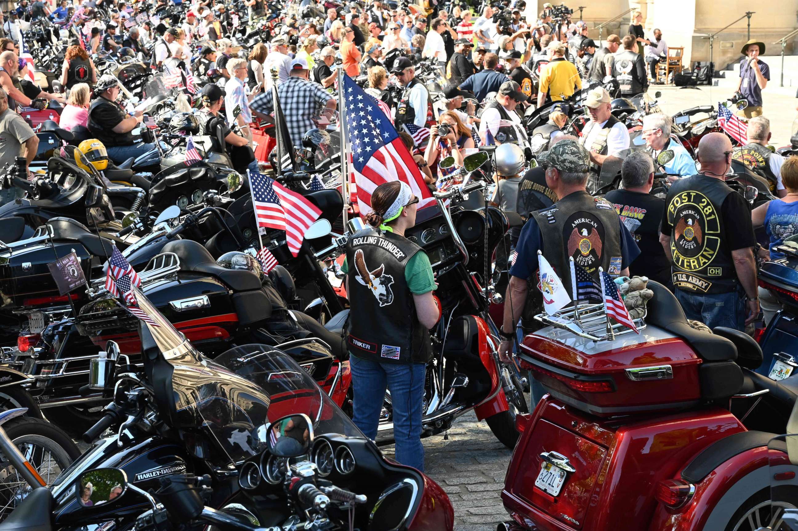 PHOTO: A crowd of motorcyclists is gathered at the Washington National Cathedral for the "Blessing of the Bikes," May 24, 2019, in Washington, D.C.