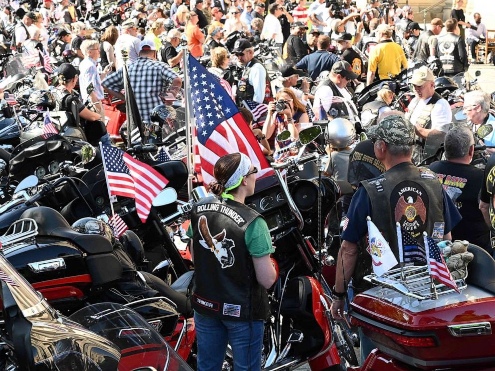 PHOTO: A crowd of motorcyclists is gathered at the Washington National Cathedral for the Blessing of the Bikes, May 24, 2019, in Washington, D.C.