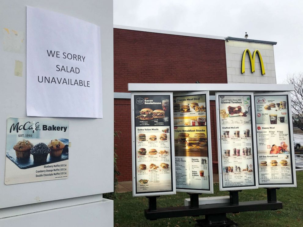 PHOTO: A sign at the drive-thru at a McDonalds restaurant announces "We Sorry Salad Unavailable" in Somerville, Mass., Nov. 26, 2018. 