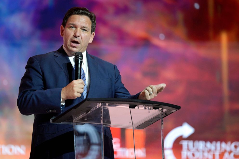 PHOTO: Florida Gov. Ron DeSantis addresses attendees during the Turning Point USA Student Action Summit, July 22, 2022, in Tampa, Fla.