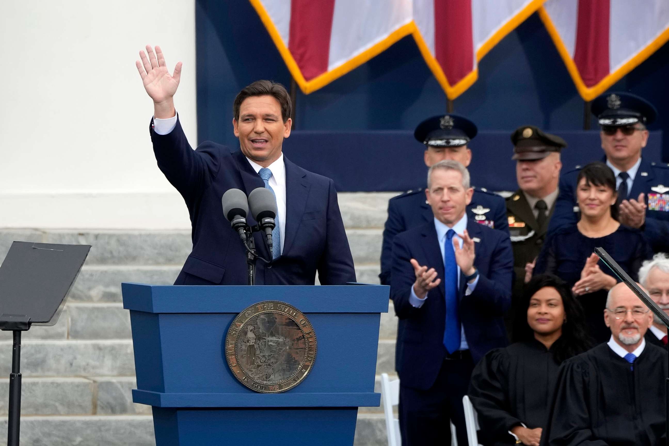 PHOTO: Florida Gov. Ron DeSantis waves after being sworn in for his second term during an inauguration ceremony at the Old Capitol, on Jan. 3, 2023, in Tallahassee, Fla.