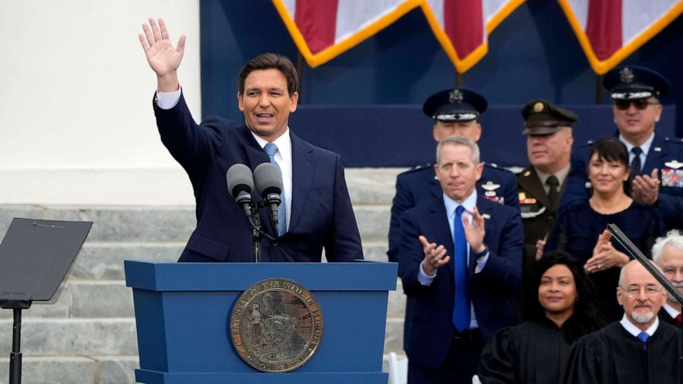 PHOTO: Florida Gov. Ron DeSantis waves after being sworn in for his second term during an inauguration ceremony at the Old Capitol, on Jan. 3, 2023, in Tallahassee, Fla.
