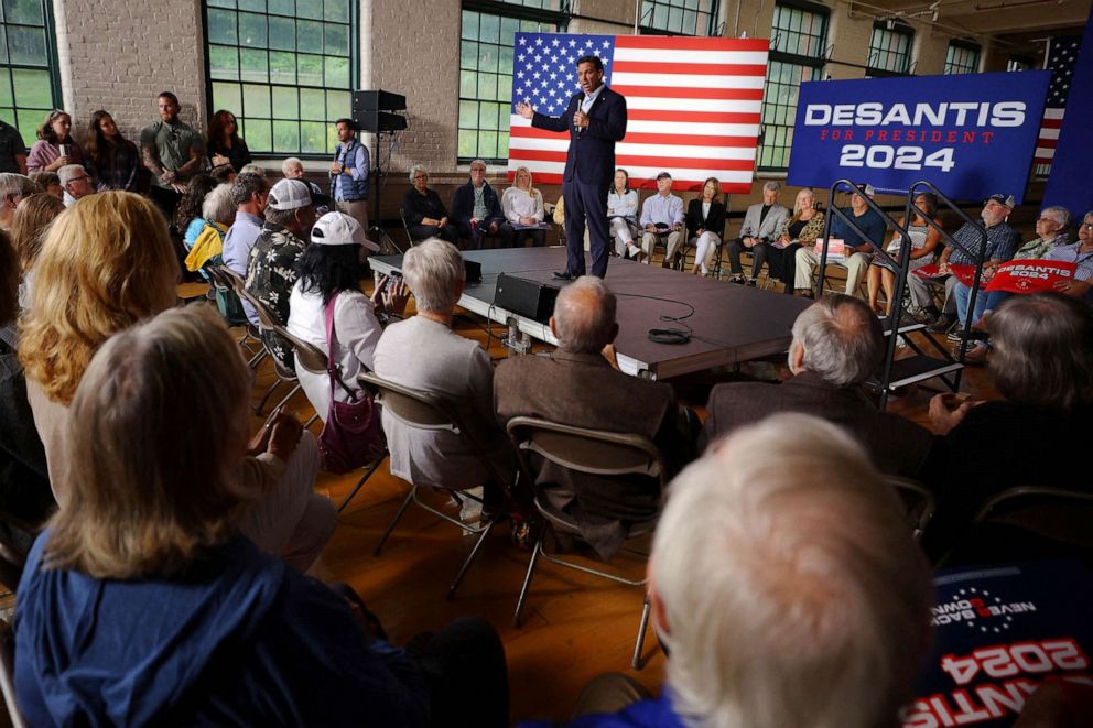 PHOTO: Republican presidential candidate and Florida Governor Ron DeSantis speaks at a campaign rally in Newport, NH on August 19, 2023.