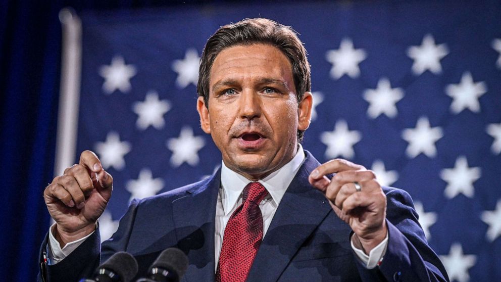 PHOTO: Florida Governor Ron DeSantis speaks during an election night watch party at the Convention Center in Tampa, Florida, Nov. 8, 2022.