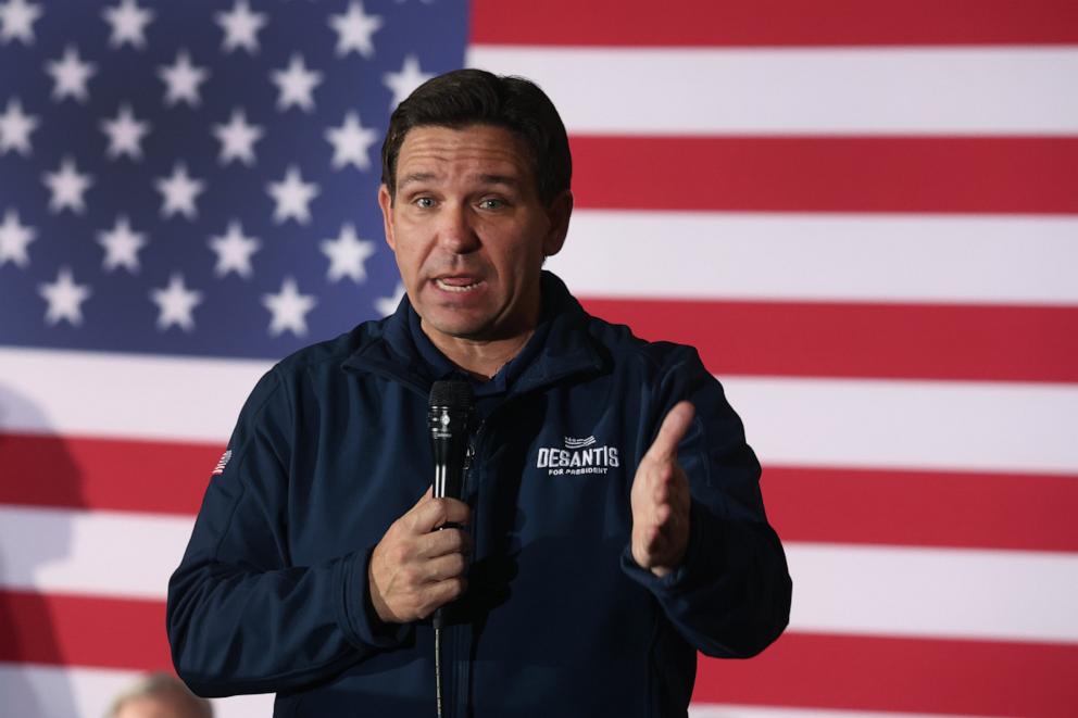 PHOTO: Republican presidential candidate Florida Gov. Ron DeSantis speaks to guests during a campaign rally at the Thunderdome, Dec. 2, 2023, in Newton, Iowa.