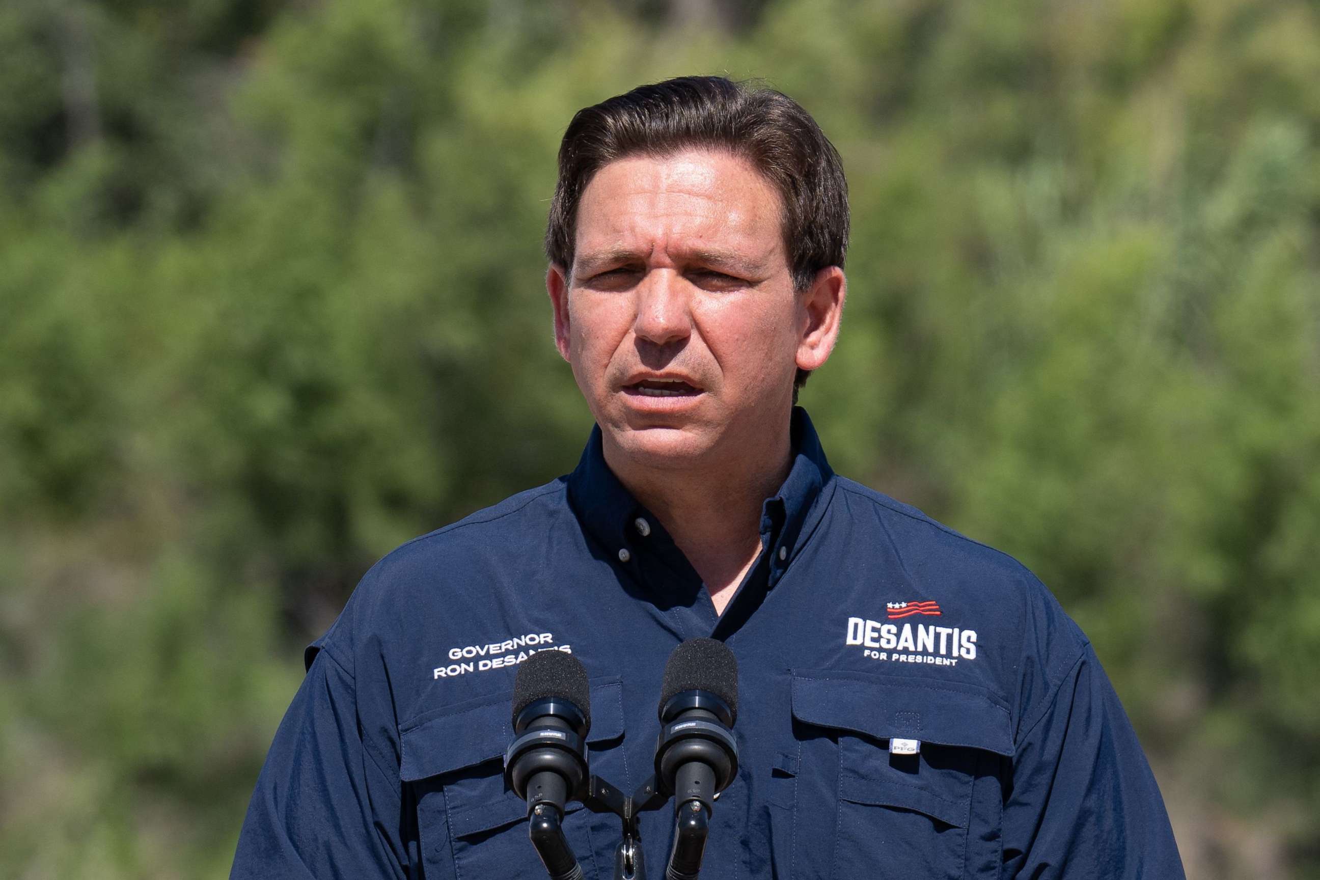PHOTO: Florida Governor and 2024 Republican Presidential hopeful Ron DeSantis speaks during a news conference near the Rio Grande River in Eagle Pass, Texas, June 26, 2023.