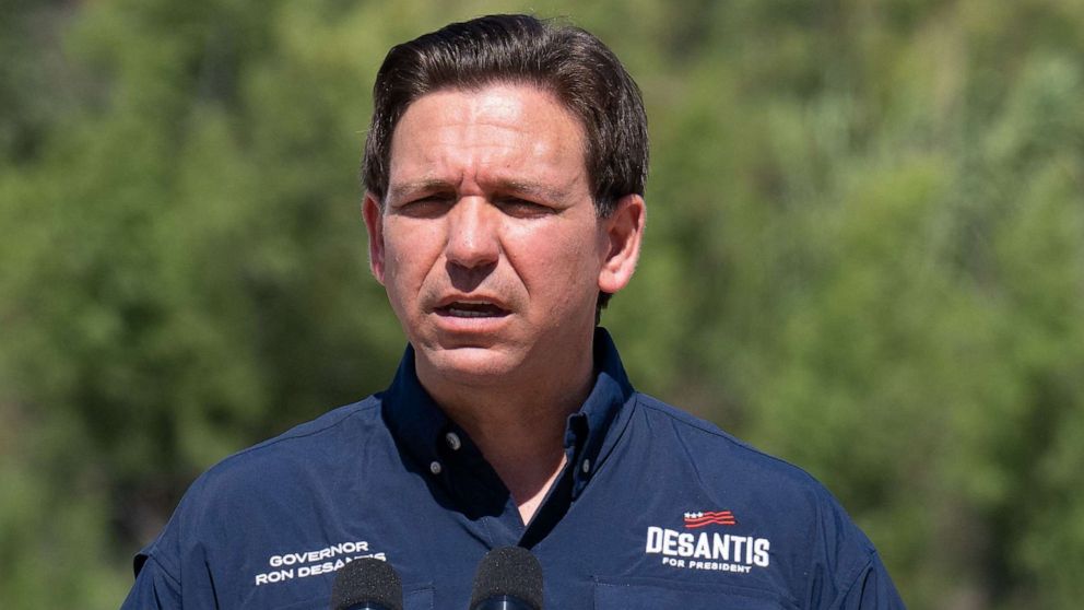 PHOTO: Florida Governor and 2024 Republican Presidential hopeful Ron DeSantis speaks during a news conference near the Rio Grande River in Eagle Pass, Texas, June 26, 2023.