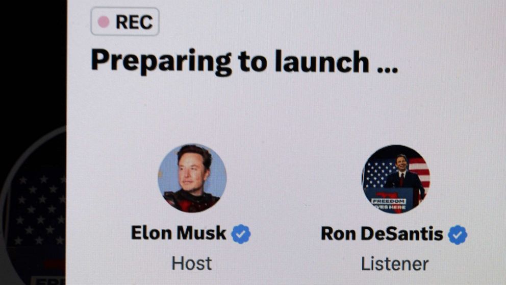 PHOTO: In this photo illustration, Florida Gov. Ron DeSantis joins Elon Musk on Twitter Spaces to formally announce his run for the Republican nomination for president to, May 24, 2023 in Chicago.