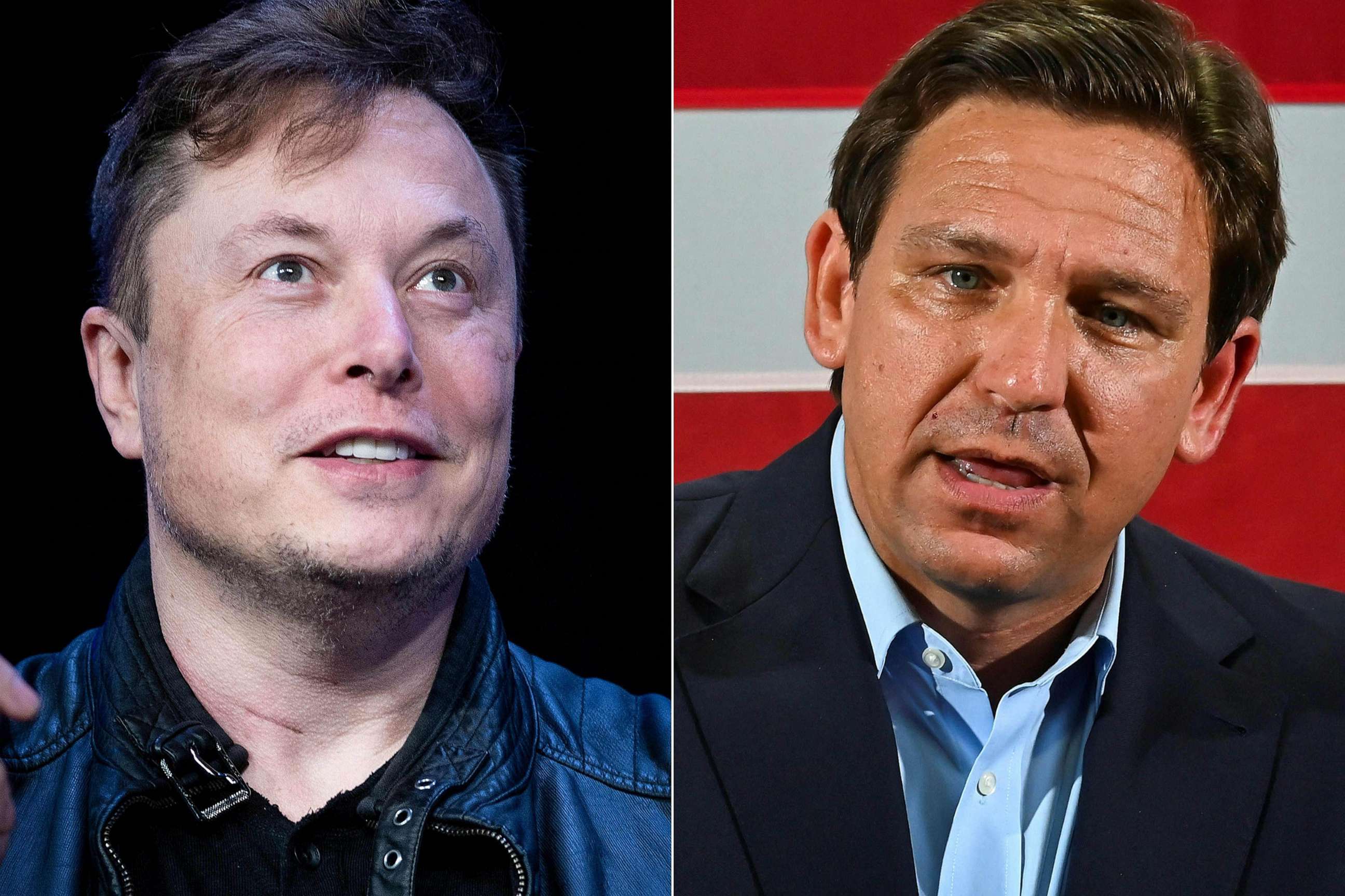 PHOTO: FILE - This combination of pictures shows Elon Musk, founder of SpaceX, at the Washington Convention Center in Washington, DC, March 9, 2020, and Florida Governor Ron DeSantis during an event in Hialeah, Florida, Nov. 7, 2022.