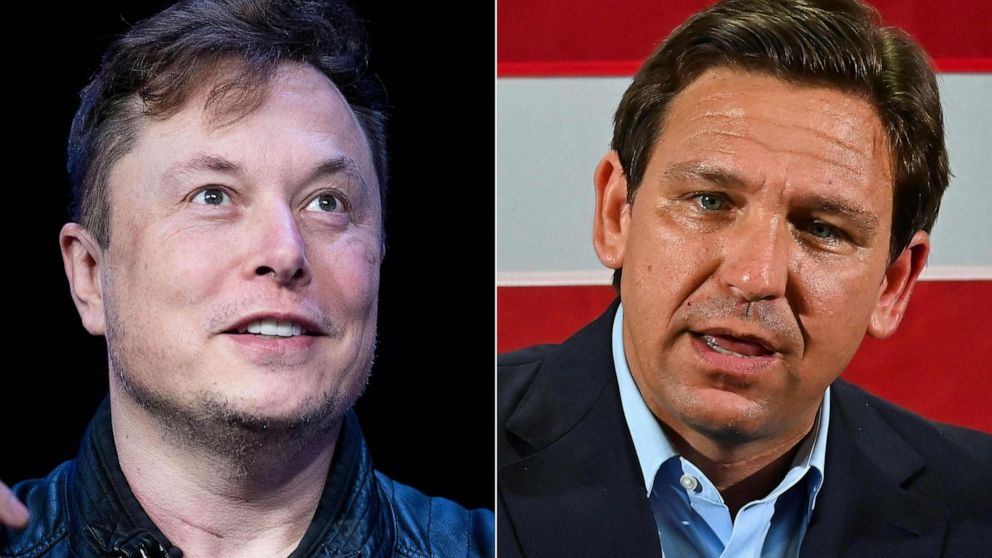 PHOTO: FILE - This combination of pictures shows Elon Musk, founder of SpaceX, at the Washington Convention Center in Washington, DC, March 9, 2020, and Florida Governor Ron DeSantis during an event in Hialeah, Florida, Nov. 7, 2022.
