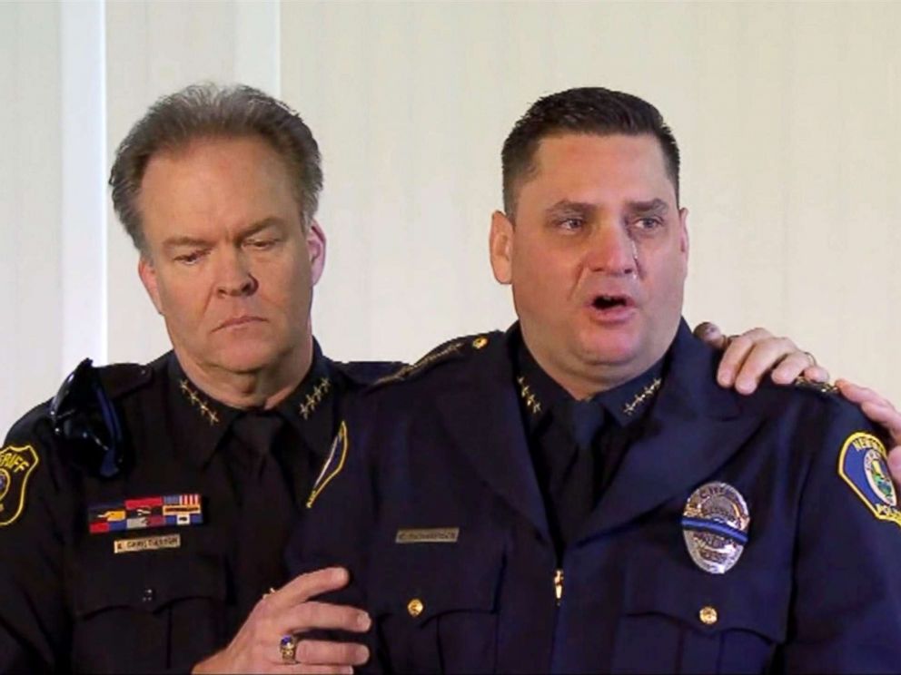 PHOTO: Stanislaus County Sheriff Adam Christianson comforts a tearful Newman, Calif., Police Chief Randy Richardson during a press conference on Dec. 27, 2018.