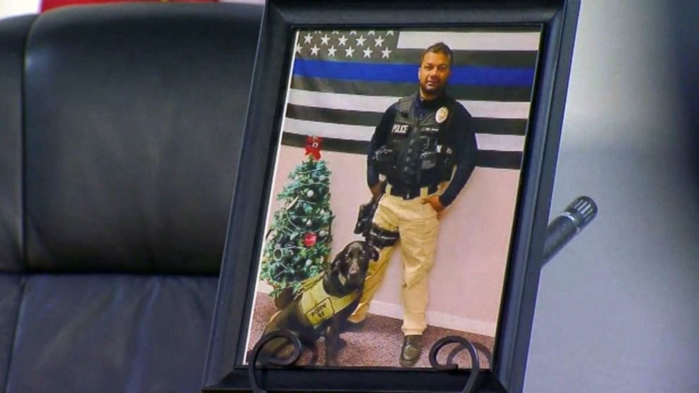 PHOTO: Newman Calif., police officer Ronil Singh is pictured in a photo on display at a press conference about the hunt for his killer, Dec. 27, 2018.