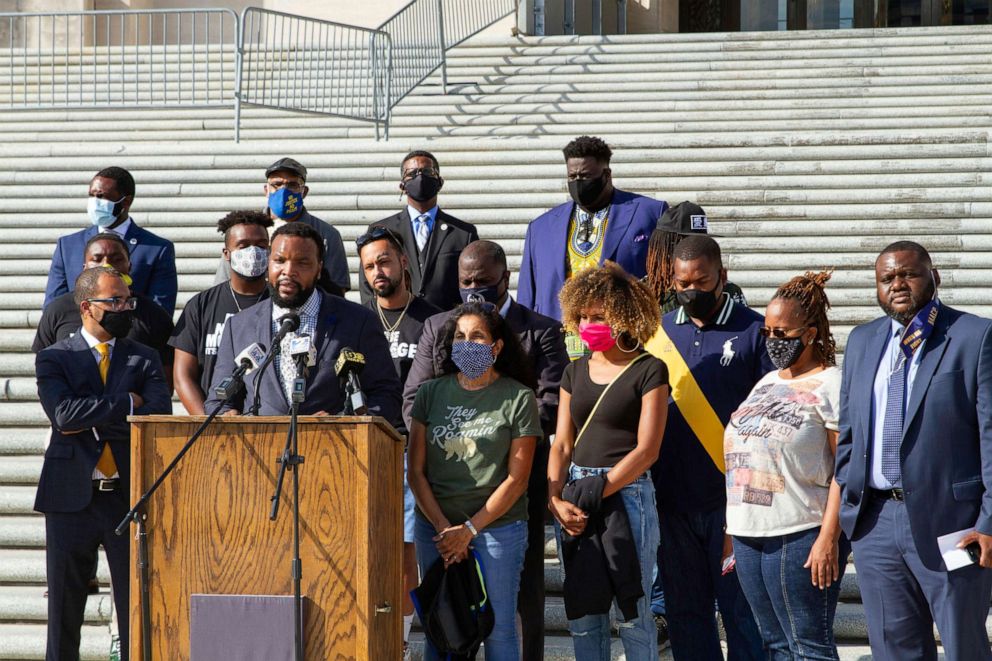 PHOTO: Attorney Lee Merritt speaks at a news conference along with the family of Ronald Greene and others, outside the Louisiana State Capitol in Baton Rouge, La., Oct. 7, 2020.