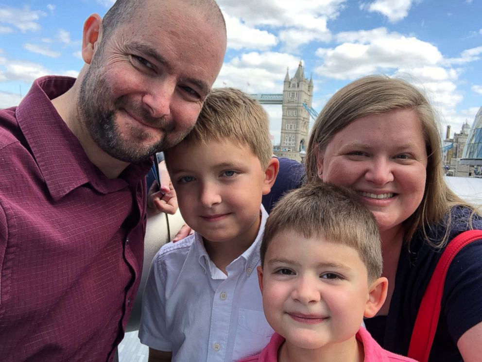 PHOTO: Ronald J. Shurer II with his sons Cameron and Tyler, and wife Miranda, London, England, Aug. 2018.