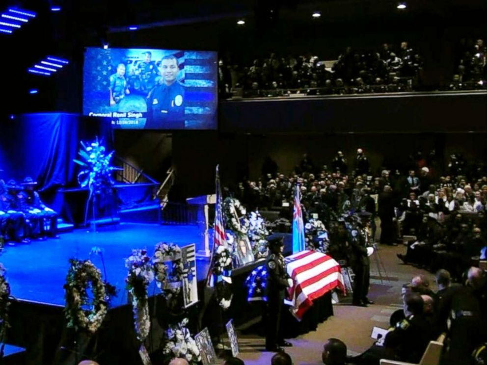 PHOTO: The funeral for slain Newman, California, police officer Ronil Singh is held on Jan. 5, 2019.