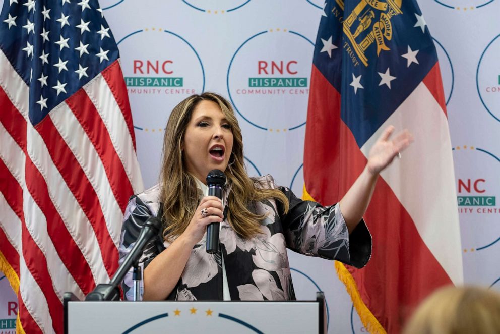 PHOTO: Republican National Committee Chair Ronna McDaniel gives remarks to a packed room at the opening of the RNC's new Hispanic Community Center in Suwanee, Ga., on June 29, 2022.