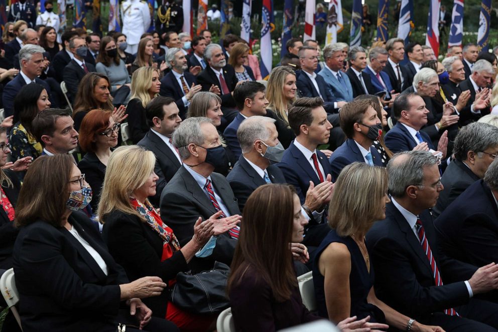 PHOTO: Guests applaud President Donald Trump as he introduces 7th U.S. Circuit Court Judge Amy Coney Barrett, 48, as his nominee to the Supreme Court in the Rose Garden at the White House Sept. 26, 2020 in Washington, D.C.