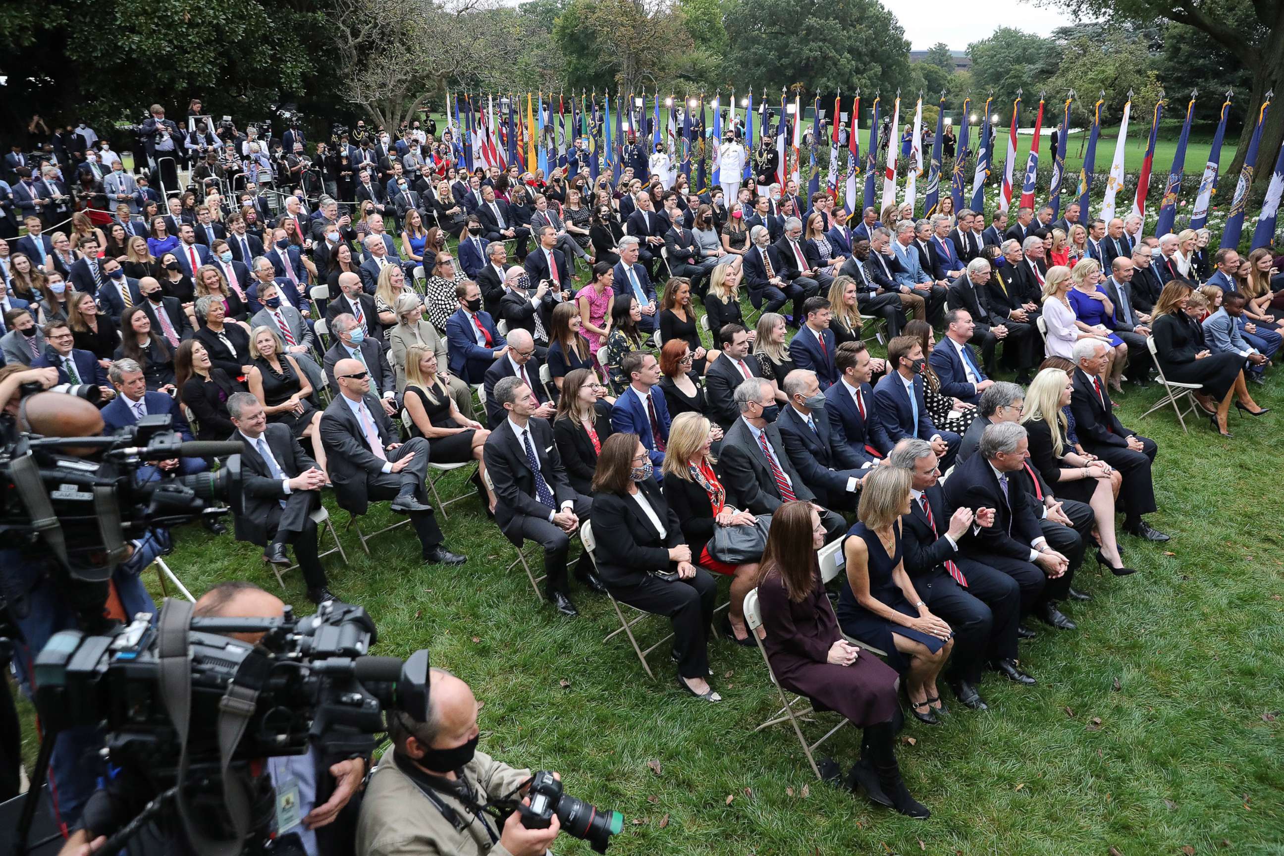 PHOTO: Guests watch as President Donald Trump introduces 7th U.S. Circuit Court Judge Amy Coney Barrett as his nominee to the Supreme Court in the Rose Garden at the White House Sept. 26, 2020 in Washington, D.C.