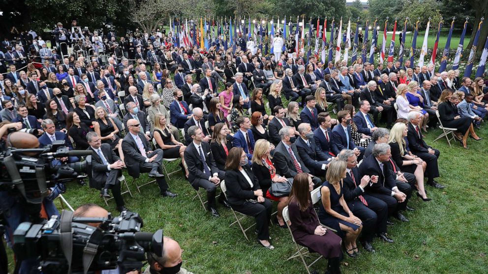 PHOTO: Guests watch as President Donald Trump introduces 7th U.S. Circuit Court Judge Amy Coney Barrett as his nominee to the Supreme Court in the Rose Garden at the White House Sept. 26, 2020 in Washington, D.C.