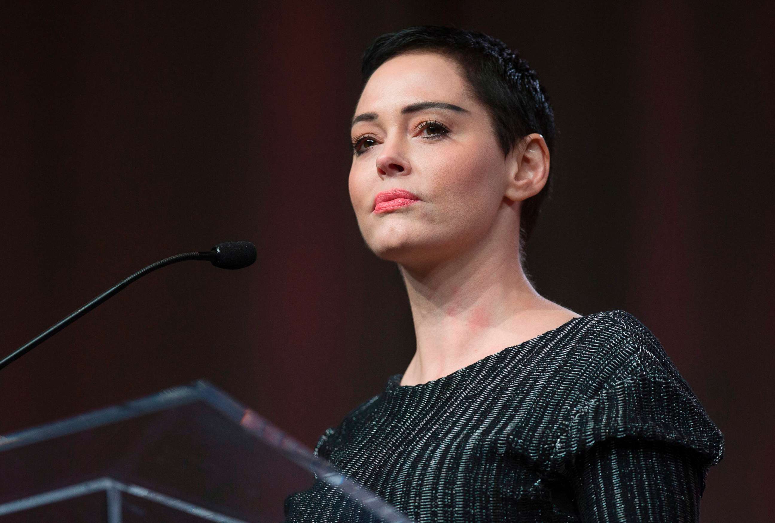 PHOTO: Rose McGowan gives opening remarks to the audience at the Women's March / Women's Convention in Detroit, Oct. 27, 2017. 

