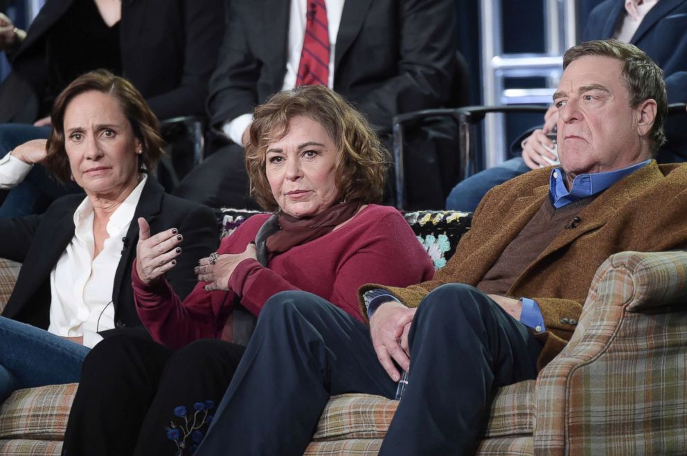 PHOTO: Laurie Metcalf, left, Roseanne Barr and John Goodman participate in the "Roseanne" panel during the Disney/ABC Television Critics Association Winter Press Tour in Pasadena, Calif., Jan. 8, 2018.