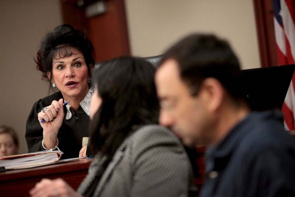 PHOTO: Judge Rosemarie Aquilina speaks with Larry Nassar, right, and his attorney Shannon Smith as he appears in court, Jan. 16, 2018, in Lansing, Michigan.