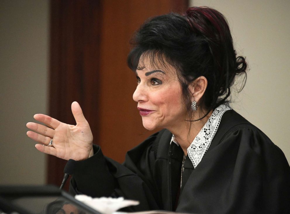 PHOTO: Judge Rosemarie Aquilina talks with former Olympic gold medal gymnast Aly Raisman after she made her impact statement, Jan. 19, 2018, in Lansing, Mich., during the fourth day of sentencing for former sports doctor Larry Nassar.