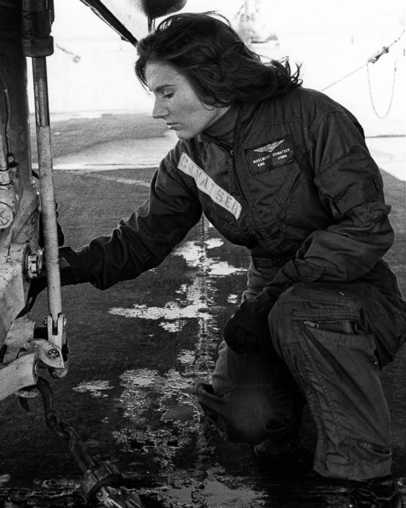 PHOTO: Pilot Rosemary Conatser, later Mariner, conducts a pre-flight check of the main gear of an antisubmarine aircraft at Naval Air Station Oceana in Virginia Beach, Va., circa 1970s.