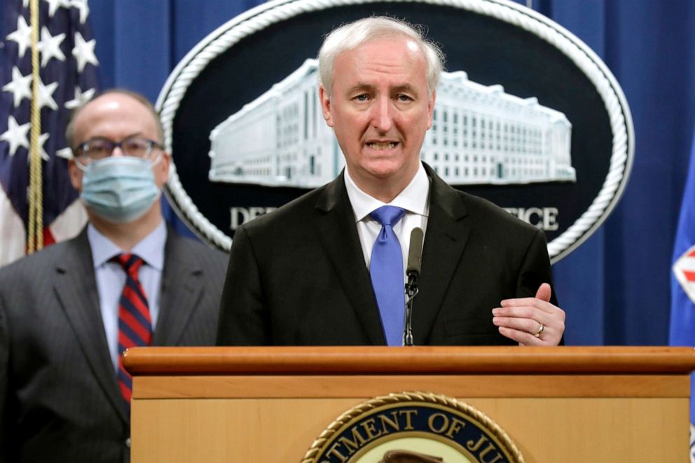 PHOTO: Deputy Attorney General Jeffrey A. Rosen holds a news conference to announce the results of the global resolution of criminal and civil investigations with an opioid manufacturer at the Justice Department in Washington, D.C., Oct. 21, 2020.